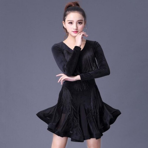 Black latin dresses for women velvet long sleeves competition salsa chacha rumba dancing costumes